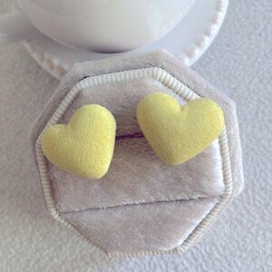Heart shape yellow fabric button earrings